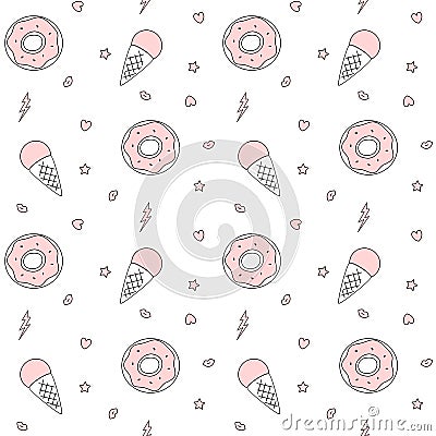 Cute cartoon black white pink seamless pattern with donuts, ice cream, lips, stars, hearts and lightning Vector Illustration