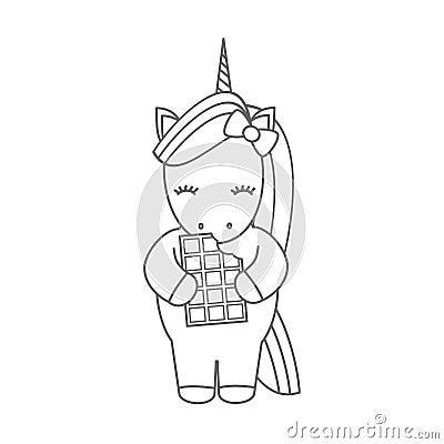 Cute cartoon black and white vector illustration with unicorn eating chocolate for coloring art Vector Illustration