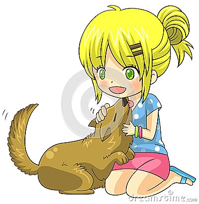 Cute cartoon blond child girl character is playing and cuddling Vector Illustration