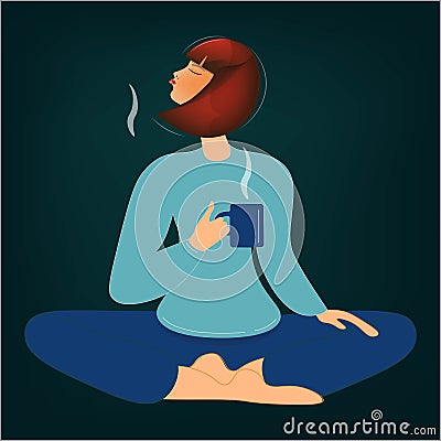 Cute cartoon blonde girl sitting in lotus position and enjoying coffee or herbal tea. Yoga practice, relaxation. Vector Vector Illustration