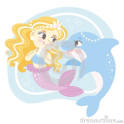 Cute cartoon blonde haired mermaid with a dolphin vector illustration Vector Illustration