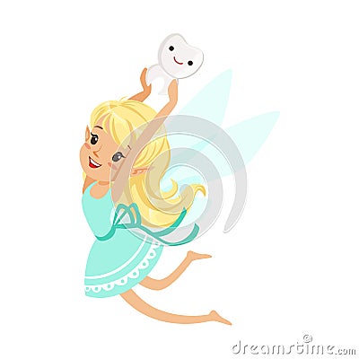 Cute cartoon blonde Tooth Fairy girl flying and bearing tooth above the head colorful character vector Illustration Vector Illustration