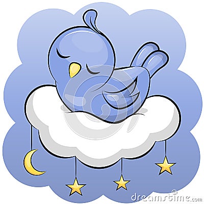 Cute cartoon blue bird sleeps on a cloud. Vector Illustration