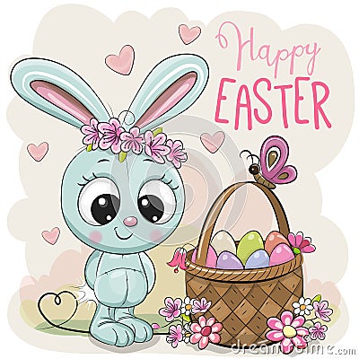 Cartoon Bunny with a basket of Easter eggs Vector Illustration