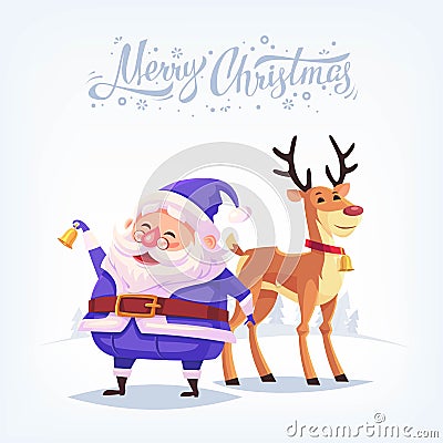 Cute cartoon blue costume Santa Claus ringing bell and funny reindeer Merry Christmas vector illustration Greeting card Vector Illustration