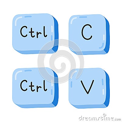 Cute cartoon blue Ctrl C and Ctrl V keyboard buttons. Copy and paste key shortcuts for PC, computer and laptop. Key Vector Illustration