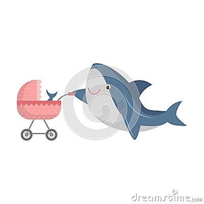 Cute shark with a baby shark in a pram. Vector illustration isolated on white background. Vector Illustration