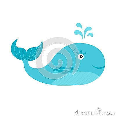 Cute cartoon blue whale on white background. Vector Illustration