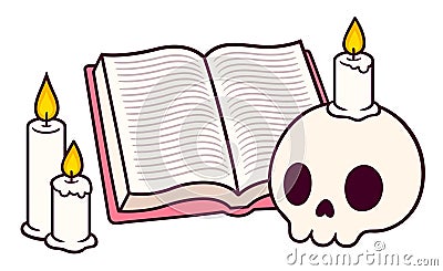 Cute cartoon book, candles and human skull Vector Illustration