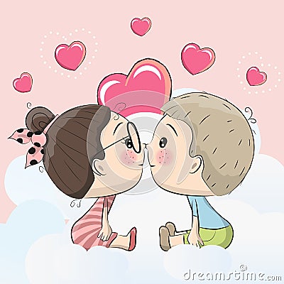 Cute Cartoon boy and girl are kissing Vector Illustration