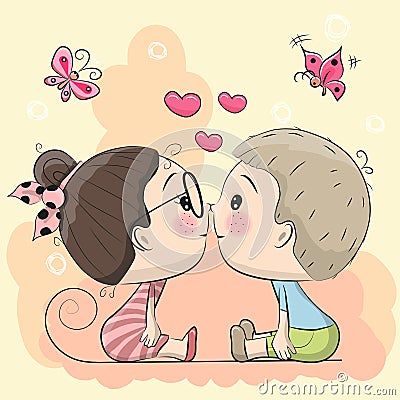 Cute Cartoon boy and girl are kissing Vector Illustration