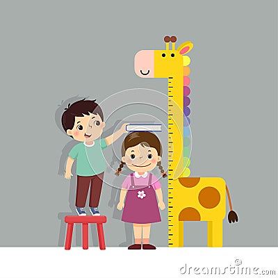 Cute cartoon boy measuring height of little girl with giraffe height chart on the wall Vector Illustration