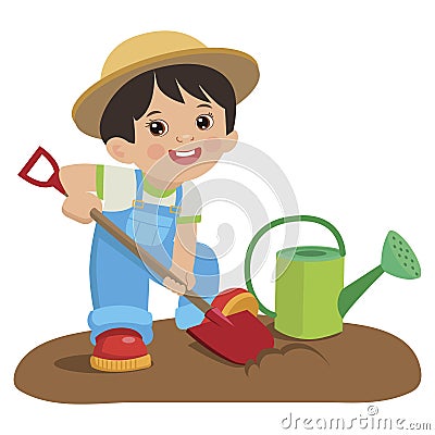 Cute Cartoon Boy With Shovel. Young Farmer Working In The Garden. Vector Illustration