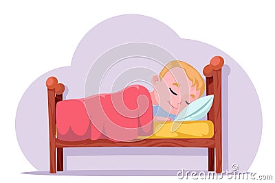 Cute cartoon boy sleep in bed good dream rest character vector illustration Vector Illustration