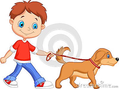 Cute cartoon boy walking with dog Vector Illustration