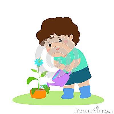 Cute cartoon boy watering plant . Vector Illustration