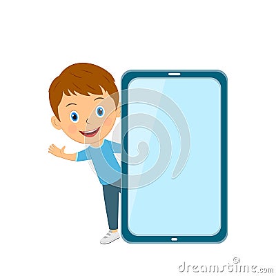 Cute cartoon boyl and tablet Vector Illustration