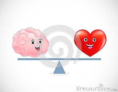 Cute cartoon brain and heart on scale. Vector Illustration