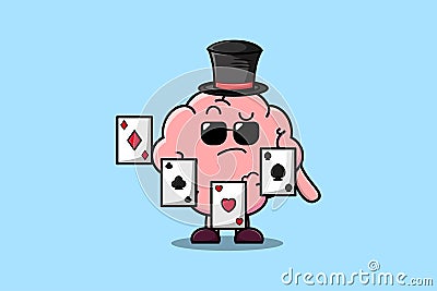 Cute cartoon Brain magician playing magic cards Vector Illustration