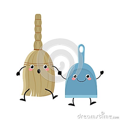 Cute cartoon broom and dustpan characters vector illustartion in Vector Illustration