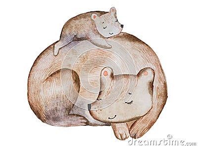 Cute cartoon brown bear and little cub laying on its back sleeping together drawn with watercolor technique. Stock Photo