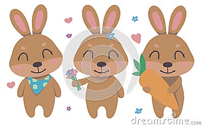 Cute cartoon brown smiling easter bunny vector collection set with flowers, hearts, carrot for children Cartoon Illustration