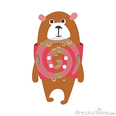 Cute cartoon brown teddy bear in cerise vest standing. Funny lovely animal colorful character vector Illustration Vector Illustration