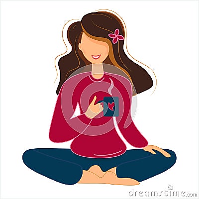 Cute cartoon brunette sitting in lotus position and drinking herbal tea. Yoga practice, relaxation. Vector illustration isolated Vector Illustration