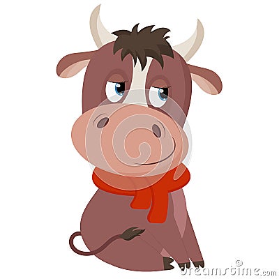 Cute cartoon bull with fur red scarf Vector Illustration