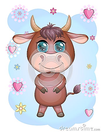 A cute cartoon bull standing with a smile with beautiful blue eyes among the flowers. Children`s illustration Cartoon Illustration