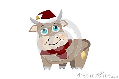 Cute cartoon bull symbol of 2021 wearing santa hat and scarf. Vector Illustration