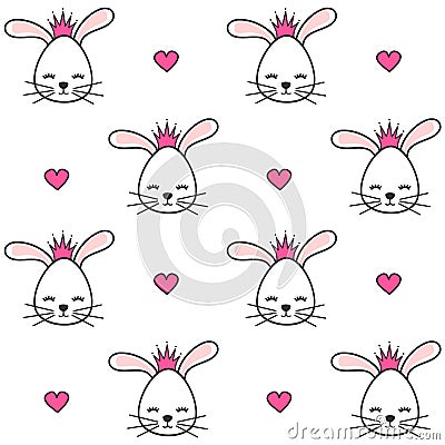 Cute cartoon bunnies with crown seamless vector pattern background illustration Vector Illustration