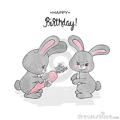 Cute cartoon bunny with carrot vector illustration. Birthday or Easter card design Vector Illustration