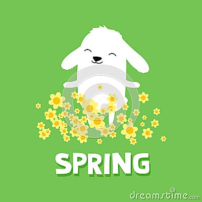 Cute cartoon bunny rabbit enjoying spring and flowers Stock Photo