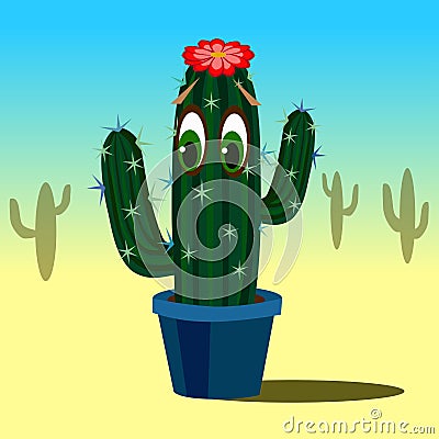 Cute cartoon cactus with eyes in flower pot. Vector Illustration