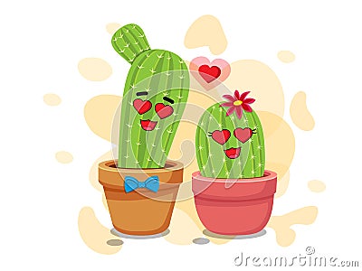 Cute cartoon cactus on flowerpot. Vector illustration decorative element on valentine`s day collection Vector Illustration