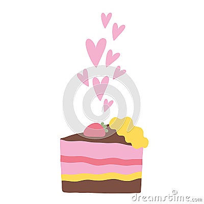Cute cartoon cake with hearts. Vector Illustration