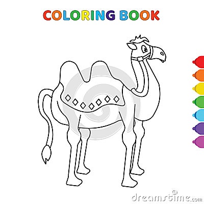 Cute cartoon camel front view coloring book for kids. black and white vector illustration for coloring book. camel front view Vector Illustration