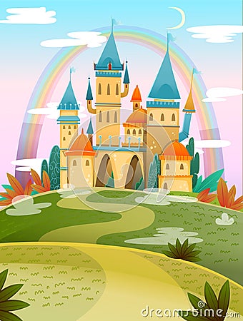 Cute cartoon castle. FairyTale cartoon castle. Fantasy fairy tale palace with rainbow. Vector illustration Vector Illustration