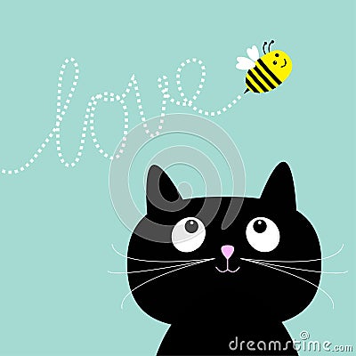 Cute cartoon cat. Bee dash line love Flat design style. Vector Illustration