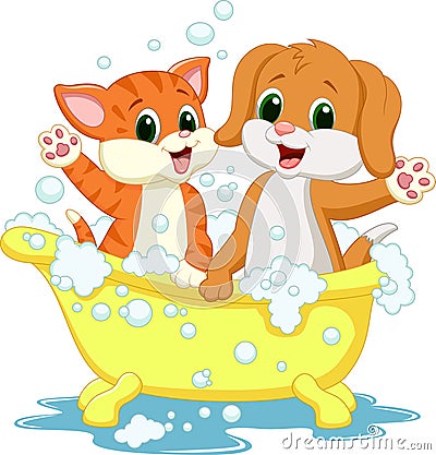 Cute Cartoon cat and dog bathing time Vector Illustration