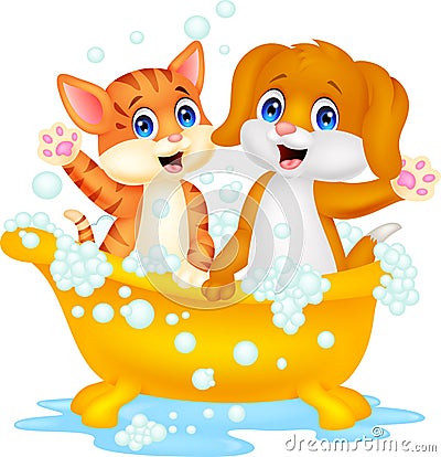 Cute cartoon cat and dog bathing time Vector Illustration