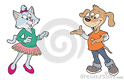 Cute cartoon cat and dog Stock Photo