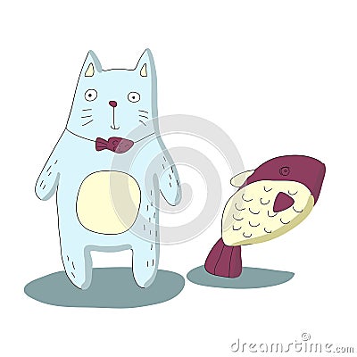 Cute cartoon cat and fish. Childrens vector illustration in simple doodle style. Vector Illustration