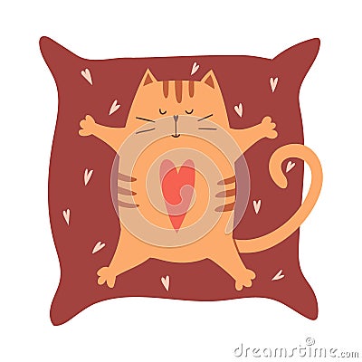 A cute cartoon cat with a heart on his stomach lies on a pillow with his paws spread out. A simple adorable character for Vector Illustration