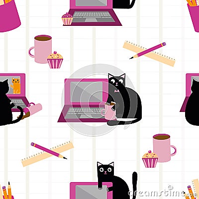 Cute cartoon cat and laptop vector seamless pattern background. Black feline interrupting business work flow. Hand drawn Vector Illustration