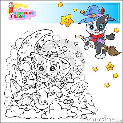 cartoon cat witch coloring book Vector Illustration