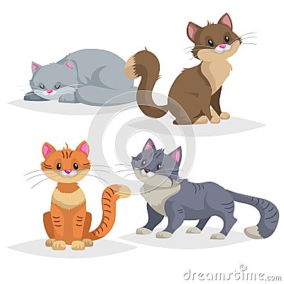 Cute cartoon cats different breeds. Domestic animals set..Ginger, blue, brown cats in comic style. Vector Illustration