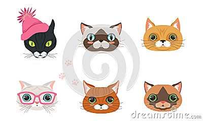 Cute Cartoon Cats and Dogs Muzzle Vector Set Vector Illustration