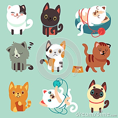 Cute cartoon cats, funny playful kittens vector set Vector Illustration